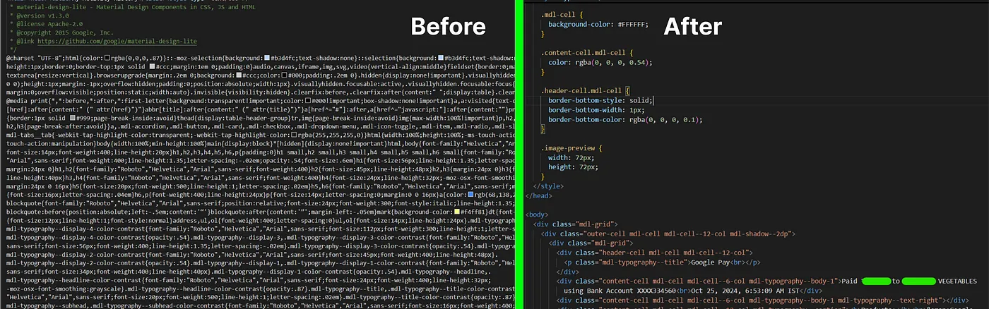 Before and After view of formatting the code on VS Code